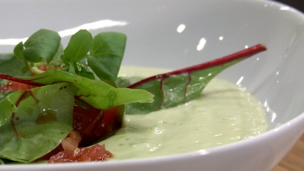 Kalte Gurken- Avocado Suppe mit mariniertem Mangold- Salat